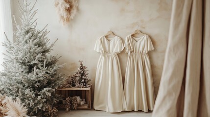 A pair of elegant champagne-colored silk gowns, representing modern New Year's Eve fashion.