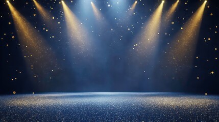 Sparkling stage with blue and gold spotlight beams, glitter floor.