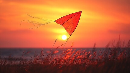 Red kite flying over beach grass at sunset