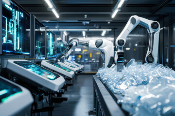 Robotic arms sorting plastic bottles in automated recycling facility