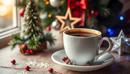 Cup of coffee and christmas decoration, silhouette. isolated with white shades