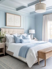 Fototapeta premium Serene Blue Bedroom With White Bedding And Elegant Decor