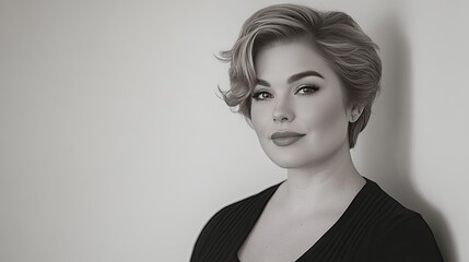 Defined, polished sleek hair styled with precision, complementing an oversized plus-size cardigan.