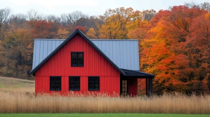 A red house with a black roof sits in a field of tall grass