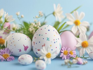 A bunch of Easter eggs are scattered around a bunch of flowers. The eggs are painted with different colors and designs, and the flowers are white and yellow. Scene is cheerful and festive
