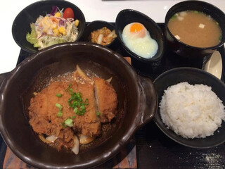 Japanese Lunch Set: Pork Cutlet with Miso Sauce served with soup, rice and kimchi on black tray