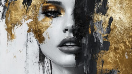 A minimal yet striking abstract womans portrait, using heavy brushstrokes of gold, black, and charcoal with a white canvas, perfect for modern spaces