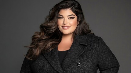 Obraz premium Side-swept, silky straight hair draping over a sophisticated, long plus-size wool coat.