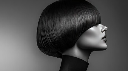 Fototapeta premium Sleek, tucked-behind-the-ear side-parted hair with an ultra-glossy finish.