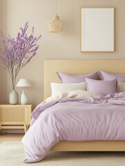 Lavender Bedroom Decor Featuring Wooden Bed and Frame