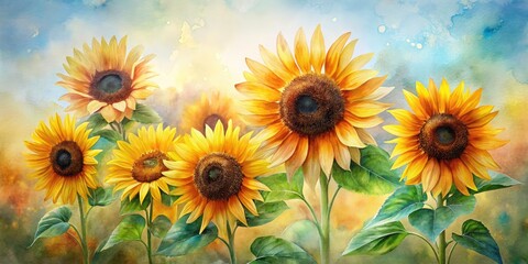 Obraz premium Isolated white background highlights painterly long-exposure sunflowers; a floral watercolor masterpiece.