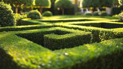 Lush green hedge maze in a sunny garden.