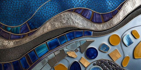 Obraz premium Modern Abstract Art with Blue and Gold Tiles Wavy Design Silver Metal Accents