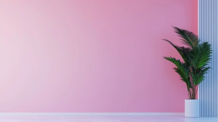 2025 creative projects bring modern inspiration. Minimalist pink wall with a green plant in a white pot.