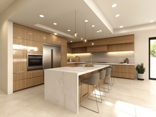 Obraz premium Modern Minimalist Kitchen Design With Wood Cabinets And Marble Island
