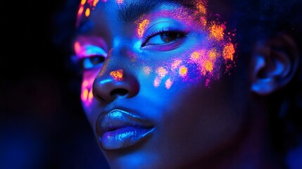 A woman with neon colored face paint