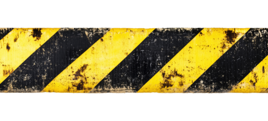 Black and yellow striped old caution tape isolated on transparent background