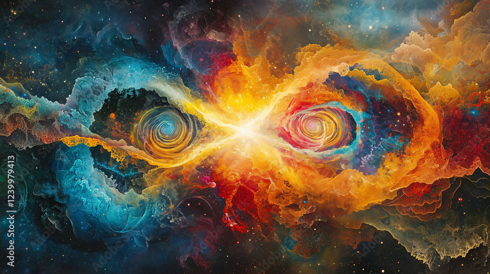 Poster abstract fractal representation of infinity showcasing vibrant colors and cosmic elements in a capti