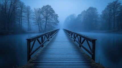 Misty bridge, winter woods, serene lake, dawn