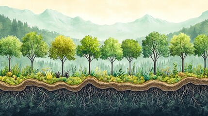 Vibrant forest with lush greenery and roots.