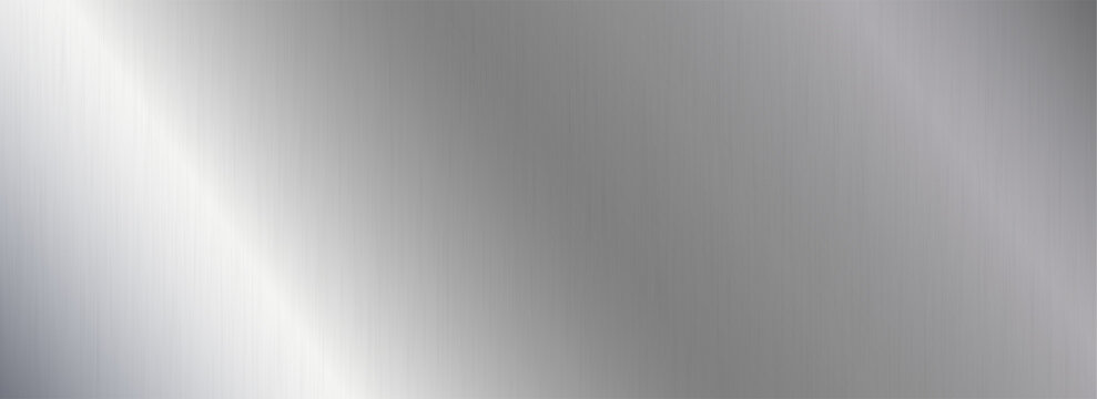 Silver metallic gradient texture. Grey polished metal foil background. Wide shiny titan or aluminum sheet for label, plate, sign, tag. Stainless steel material surface texture. Vector chrome backdrop