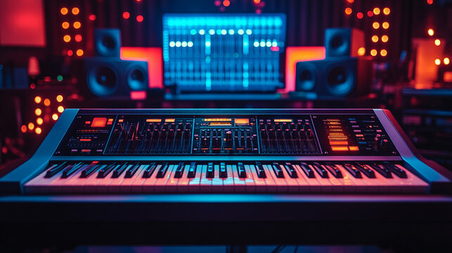A modern music production studio featuring an audio mixing console, keyboard, and speakers, ideal for creative sound recording and mixing with a blurred space for captions or text.

