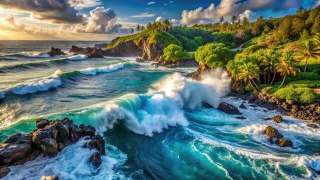 Maui's Koki Beach:  Aerial perspective showcases powerful waves exploding on the Hana coast.