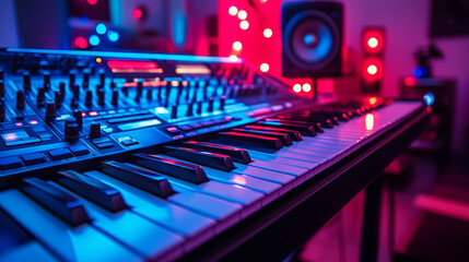 A modern music production studio featuring an audio mixing console, keyboard, and speakers, ideal for creative sound recording and mixing with a blurred space for captions or text.

