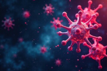 Microscopic View of Infectious Agents in a Deep Blue Background, Featuring Vivid Pink Viral Particles, Illuminated with Glowing Centers, Suspended in a Dark, Nebulous Environment