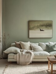 Serene Living Room With Coastal Art And Neutral Tones