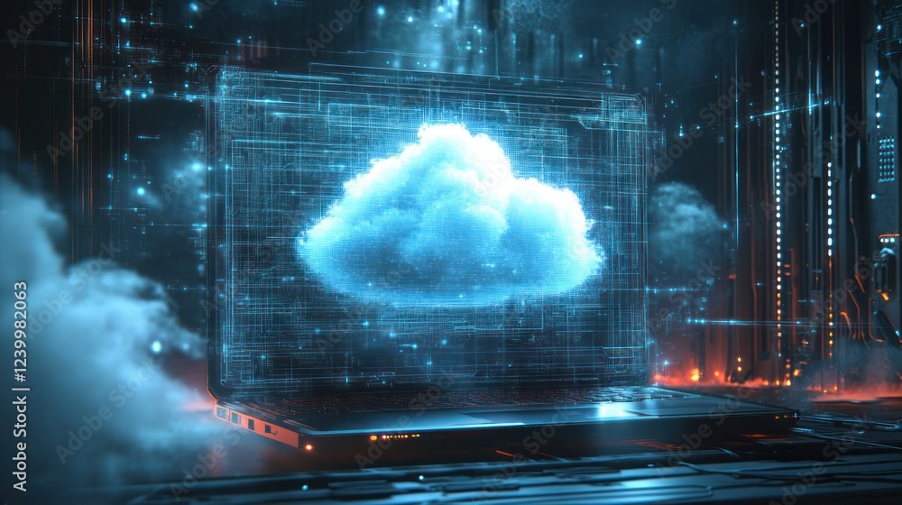 Poster futuristic laptop displaying a cloud computing concept.