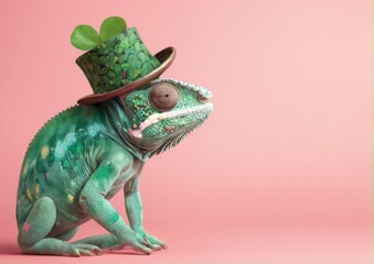Naklejka premium Whimsical Chameleon in Top Hat with Clover on Pink Background