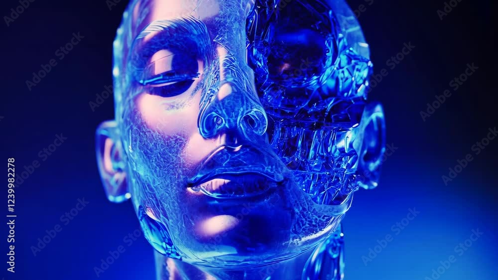 Poster futuristic cyborg face sculpture illuminated by blue light with intricate details and textures showc
