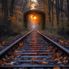 Naklejka premium A train track with leaves on it and a sun shining through the tunnel