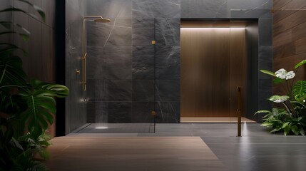  A luxurious bathroom interior with a walk-in rain shower enclosed by frameless glass, dark stone tiles contrasting with warm wooden elements, soft ambient lighting, gold-accented fixtures