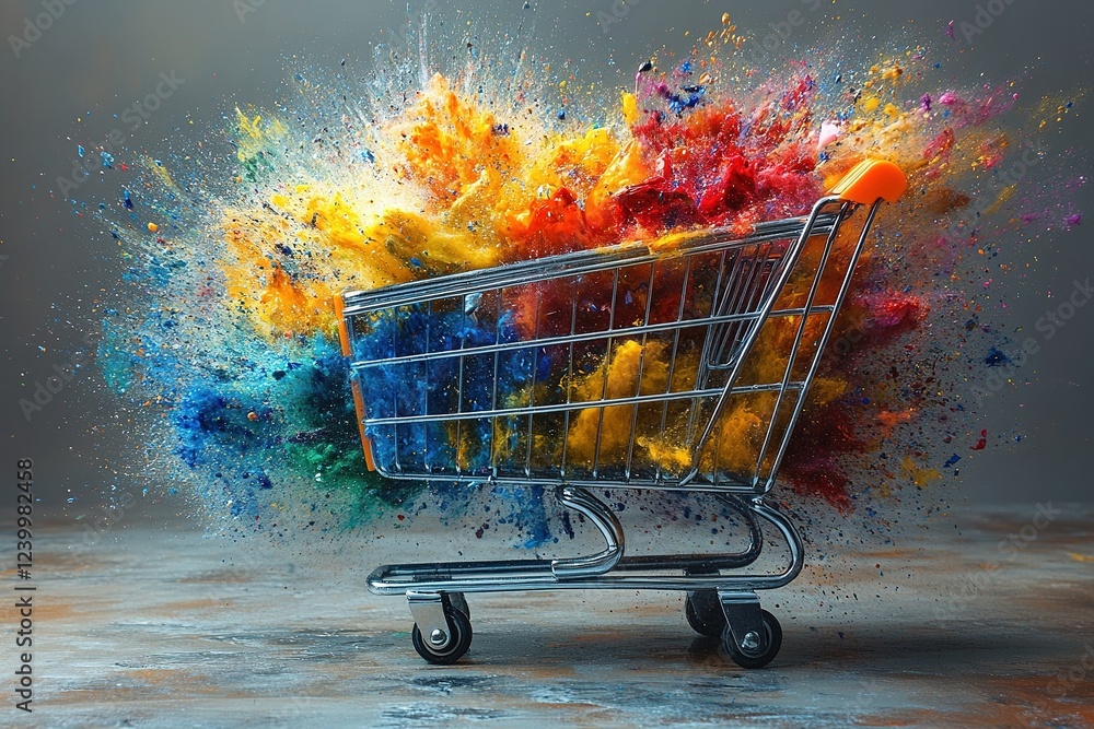 Poster shopping cart exploding with colorful powder on gray background