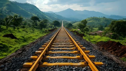 Selbstklebende Fototapeten A train track with a yellow line running down the middle © Linus