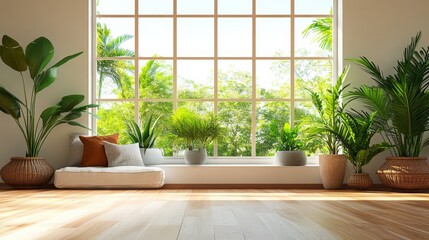 Fototapeta premium Sunlit Sanctuary: A tranquil indoor scene featuring a large window showcasing lush greenery, complemented by potted plants and a comfortable window seat.