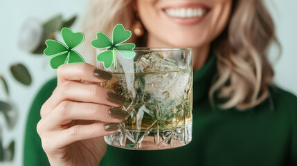 Stylish Neon Glow for St. Patrick’s Day. Smiling woman holds a drink adorned with green clovers, celebrating St. Patrick's Day.