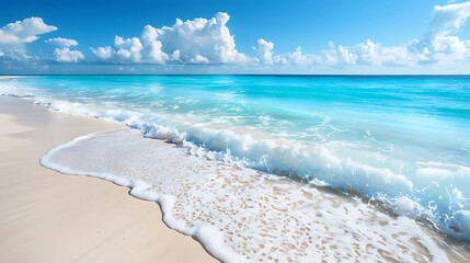 Stunning view of a pristine beach with crystal-clear turquoise water and soft white sand. Perfect summer getaway.