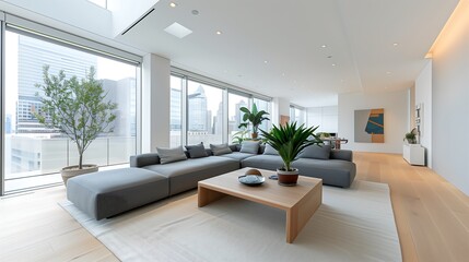 A modern living room interior design with a spacious open layout, a sleek gray sectional sofa, a wooden coffee table, minimalist decor, floor-to-ceiling windows allowing natural light to flood the spa
