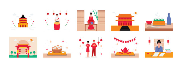 Fototapeta premium Chinese set illustration. Flat vector illustration concept.