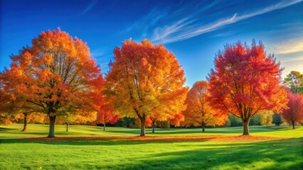 Colorful autumn trees with vibrant orange and red hues against a clear blue sky, set amidst lush green grass and leaves in a serene park landscape , seasonal change , scenic view