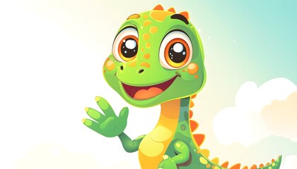 Naklejka premium A cheerful green dinosaur waves hello happily