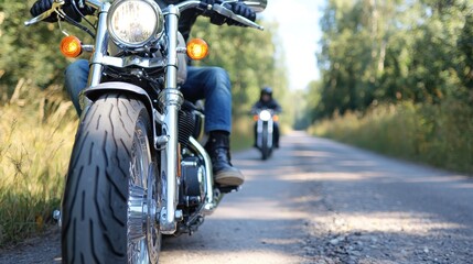Naklejka premium Bikers ride country road, forest background, summer adventure