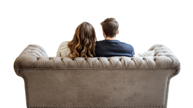 Couple relaxing on sofa: watching tv on comfortable couch with transparent background