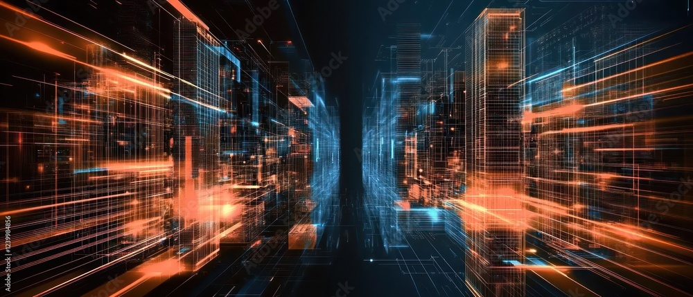 Poster futuristic digital corridor with glowing data streams
