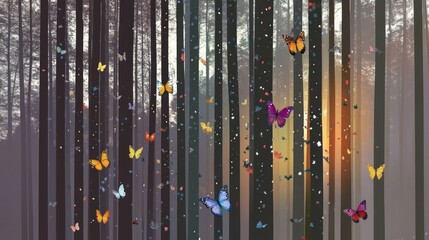 Obraz premium Fantasy forest with colorful butterflies flying among the rays of light. Photomanipulation
