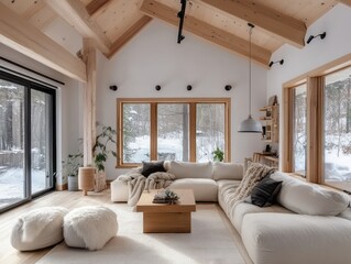 Fototapeta premium Modern Cozy Living Room With Wooden Beams And Snow View