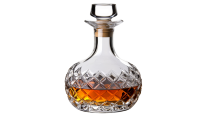 Crystal decanter with liquor on transparent background